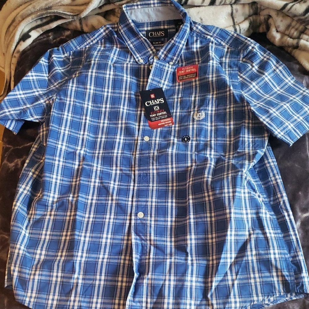 Chaps Blue Plaid Casual Button Down Shirt Large Plaid Blue Whitr NWT Shirt